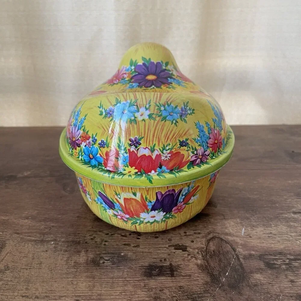 Vintage Ullman Easter Candy Container Duck on Nest Yellow Floral Molded Plastic